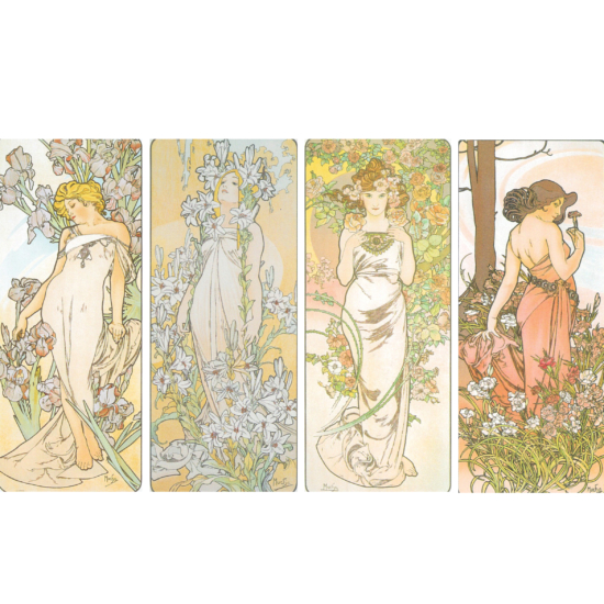 アルフォンス・ミュシャの絵画作品　タイトルは、花シリーズ　アイリス・リリー・ローズ・カーネーション